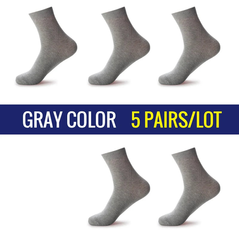 5 Pairs Men Business Socks Middle Tube Solid Color Black White Gray Blue