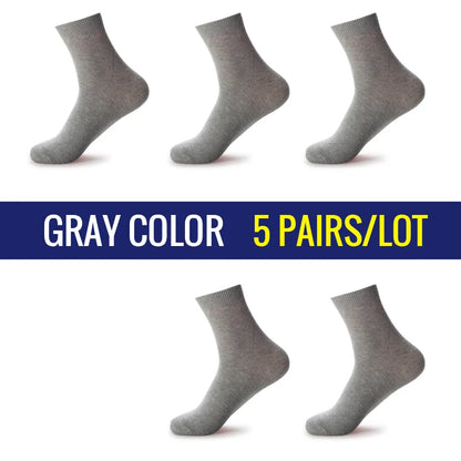 5 Pairs Men Business Socks Middle Tube Solid Color Black White Gray Blue