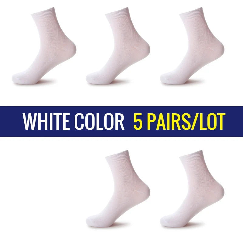 5 Pairs Men Business Socks Middle Tube Solid Color Black White Gray Blue