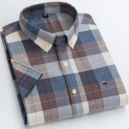 Men’s Plus Size Cotton Oxford Shirt – Short Sleeve, Plaid Stripes, Slim Fit Business Casual Style