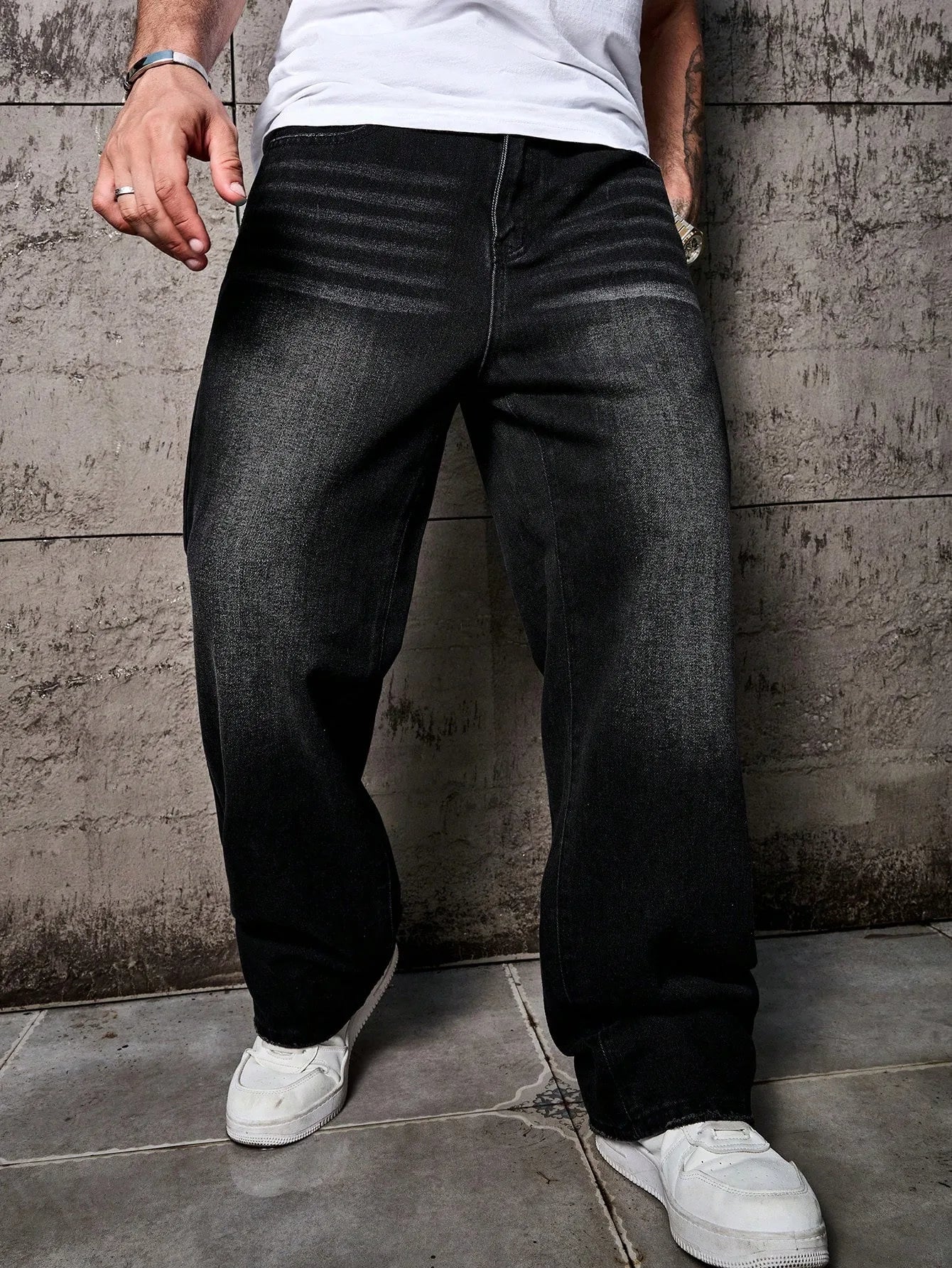 Men’s Black Washed Distressed Jeans – Loose Fit, Wide Leg
