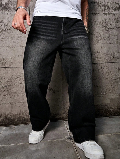 Men’s Black Washed Distressed Jeans – Loose Fit, Wide Leg