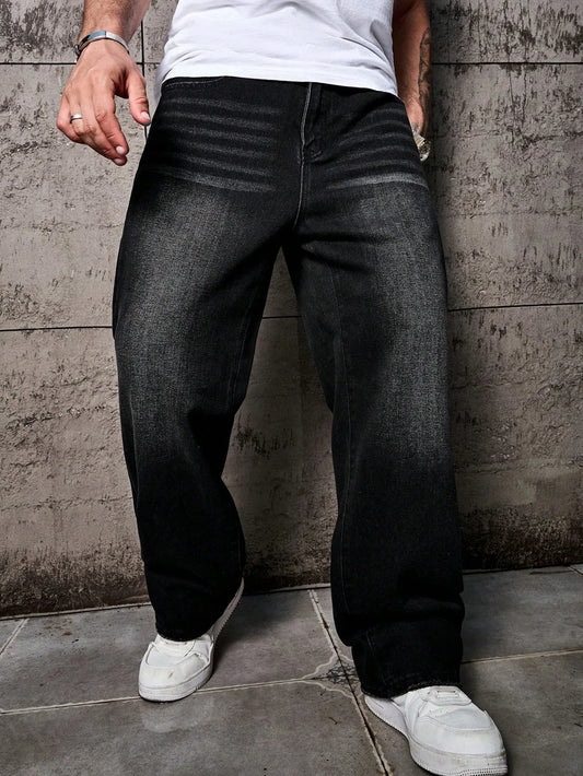 Men’s Black Washed Distressed Jeans – Loose Fit, Wide Leg