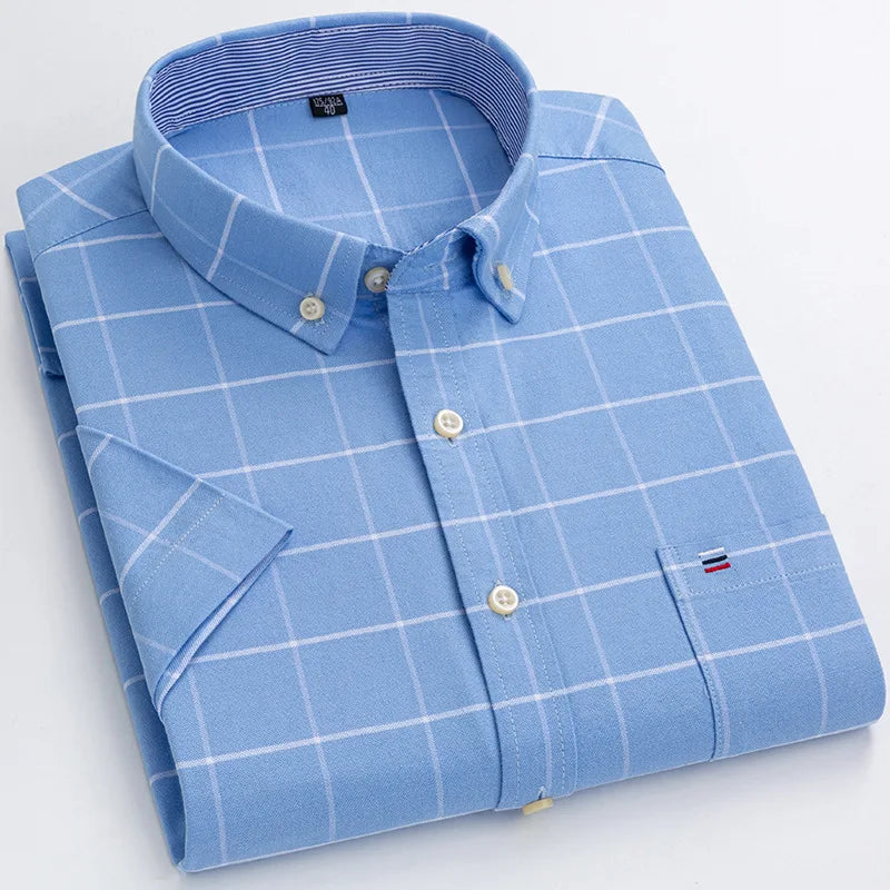 Men’s Plus Size Cotton Oxford Shirt – Short Sleeve, Plaid Stripes, Slim Fit Business Casual Style