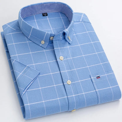 Men’s Plus Size Cotton Oxford Shirt – Short Sleeve, Plaid Stripes, Slim Fit Business Casual Style
