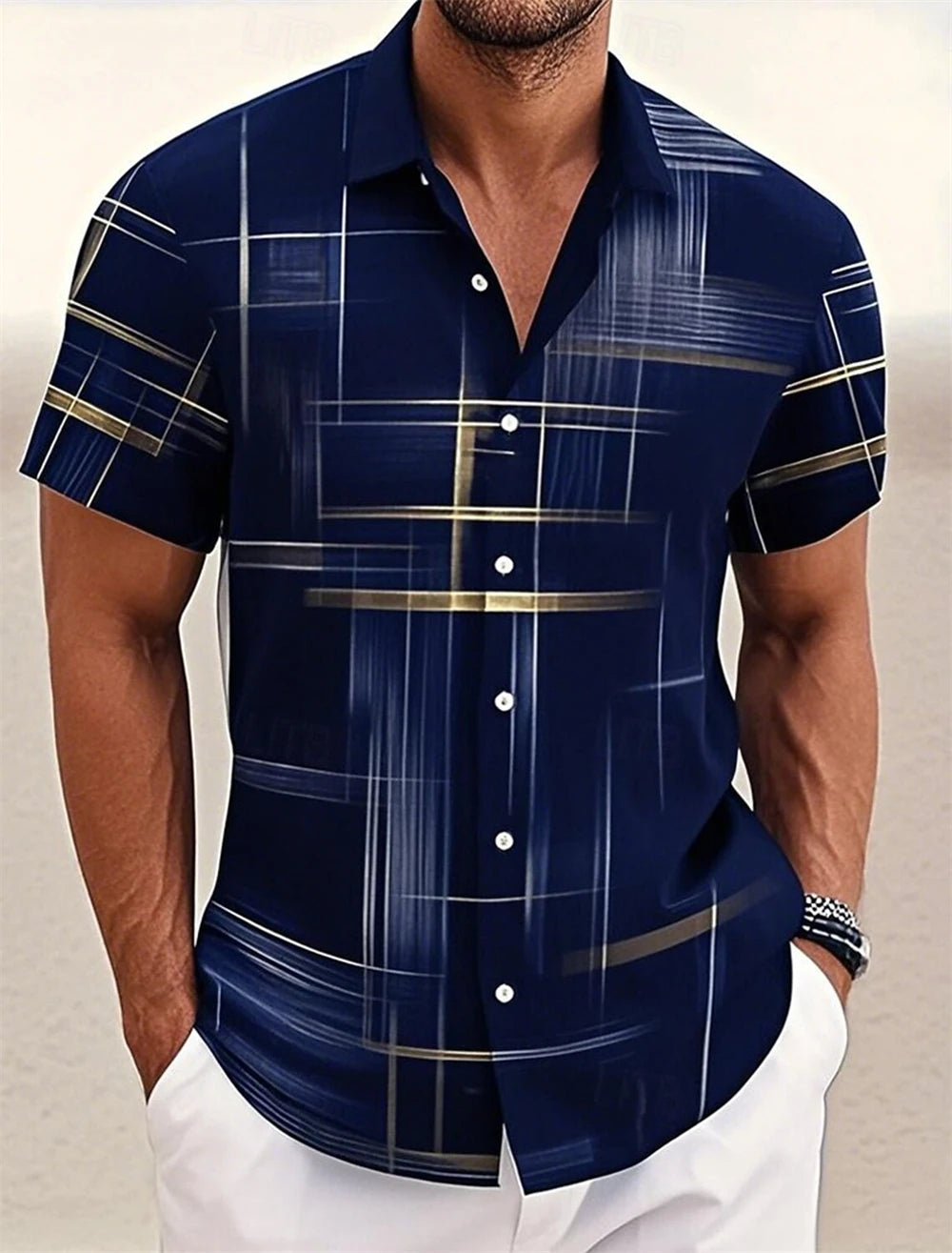 Men’s Geometric Print Short Sleeve Shirt – Casual Button-Down
