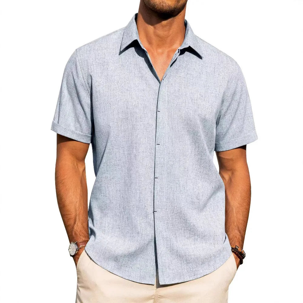 Men’s Casual Button-Down Shirt – Short Sleeve Linen Blend, Loose Fit