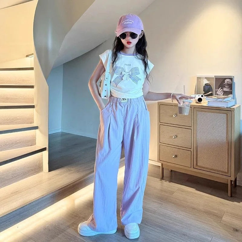 Teen Girls Cartoon 2-Piece Outfit – Color Block T-Shirt & Trousers Summer Sportswear Set for Kids