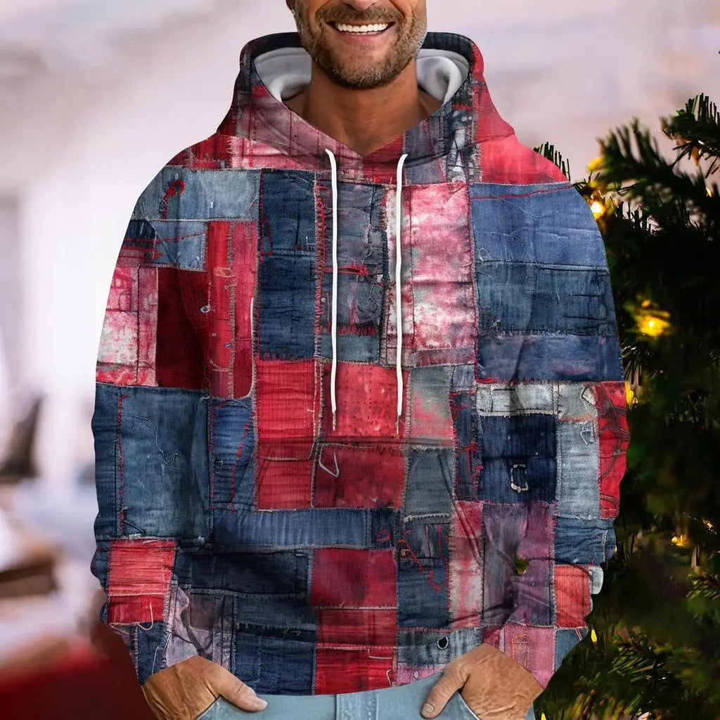 Denim Plaid Print Hoodie – Casual Loose-Fit Streetwear Sweatshirt for Men & Women