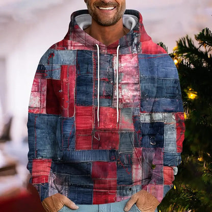 Denim Plaid Print Hoodie – Casual Loose-Fit Streetwear Sweatshirt for Men & Women