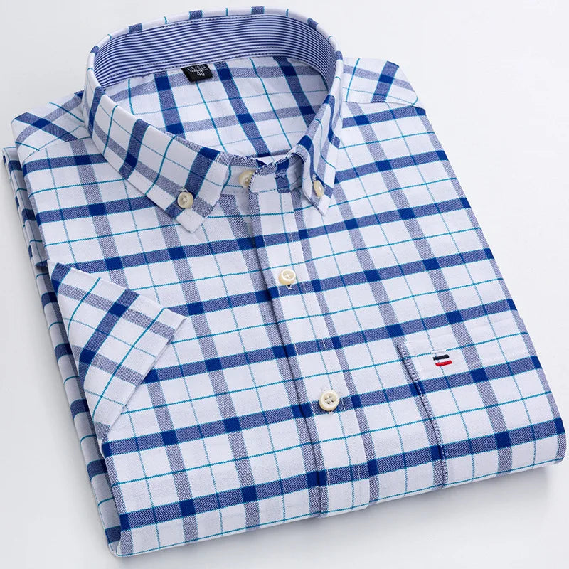 Men’s Plus Size Cotton Oxford Shirt – Short Sleeve, Plaid Stripes, Slim Fit Business Casual Style