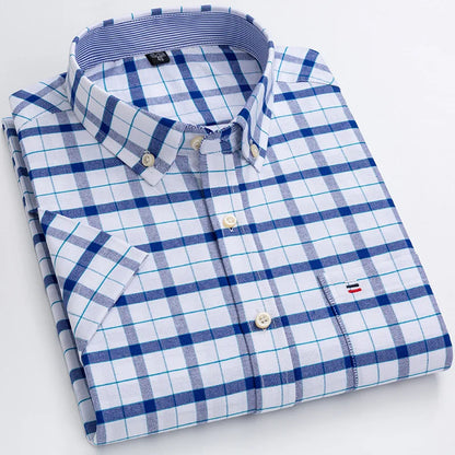 Men’s Plus Size Cotton Oxford Shirt – Short Sleeve, Plaid Stripes, Slim Fit Business Casual Style