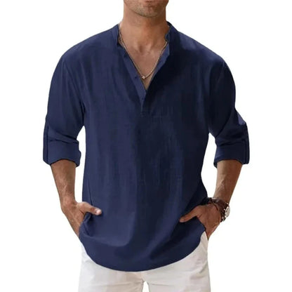 Men’s Cotton Linen Henley Shirt – Lightweight Long Sleeve Beach Style
