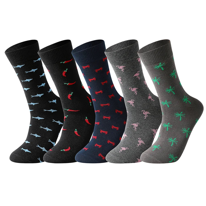 5-Pack Men’s Cotton Dress Socks – Funny Animal & Cartoon Print Casual Mid-Calf Business Socks