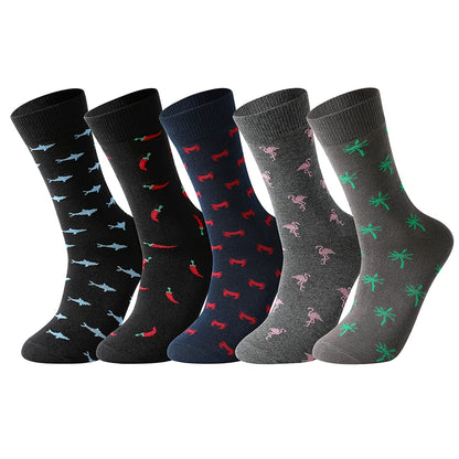 5-Pack Men’s Cotton Dress Socks – Funny Animal & Cartoon Print Casual Mid-Calf Business Socks
