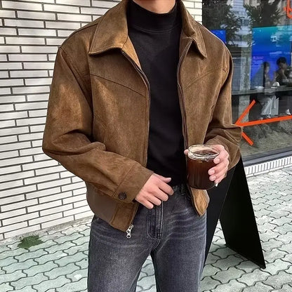 Men’s Vintage Suede Bomber Jacket – Retro Slim Fit Short Flight Coat for Streetwear Fashion