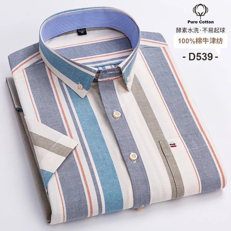 Men’s Plus Size Cotton Oxford Shirt – Short Sleeve, Plaid Stripes, Slim Fit Business Casual Style