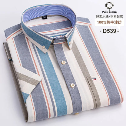 Men’s Plus Size Cotton Oxford Shirt – Short Sleeve, Plaid Stripes, Slim Fit Business Casual Style