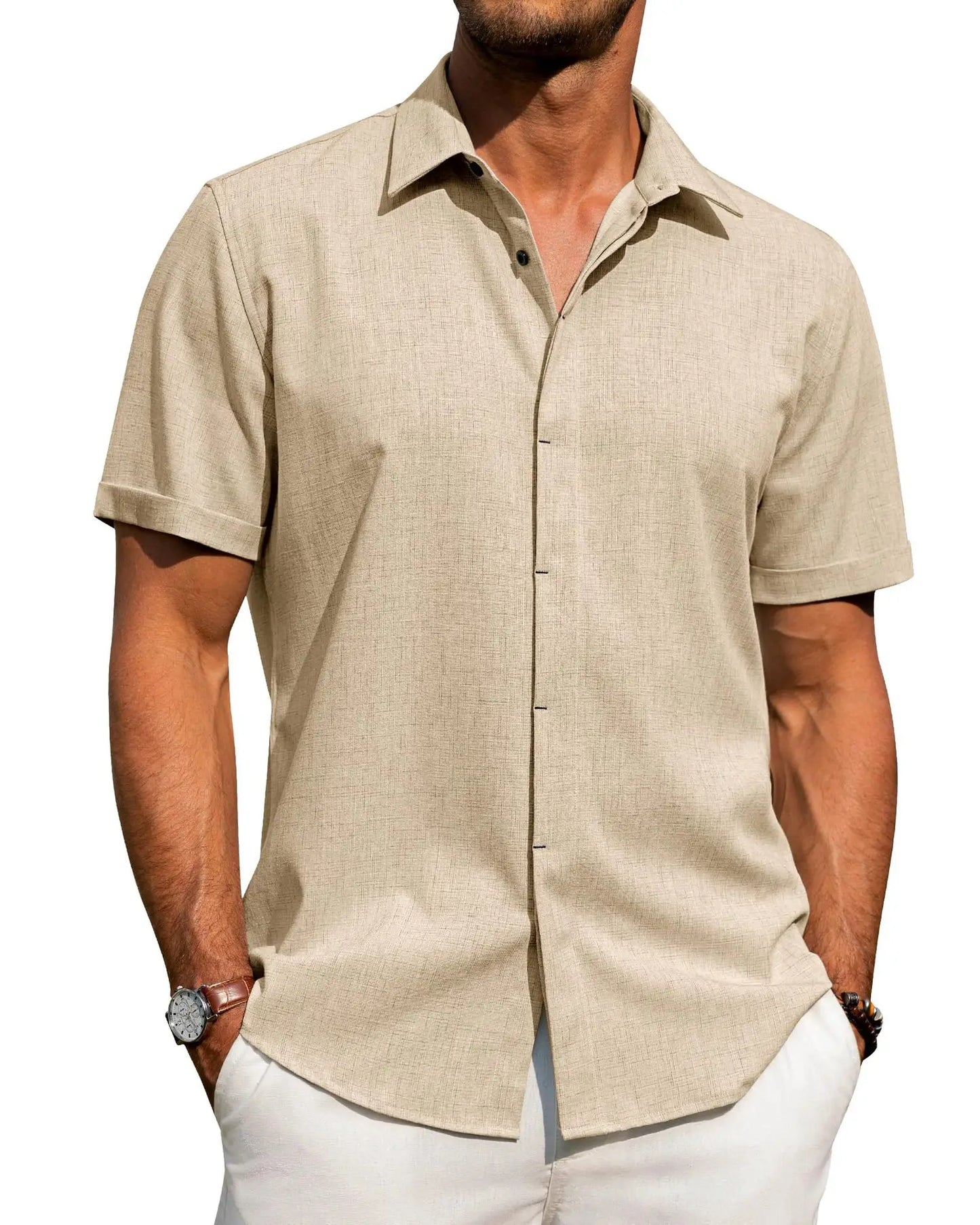 Men’s Casual Button-Down Shirt – Short Sleeve Linen Blend, Loose Fit