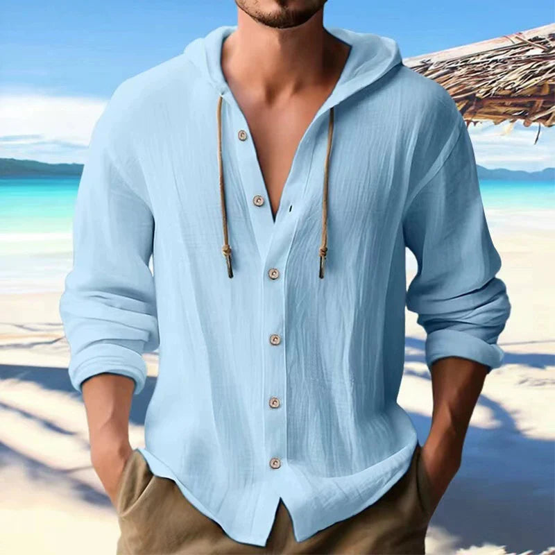 Men’s Linen Hooded Shirt – Long Sleeve, Loose Fit Casual Streetwear