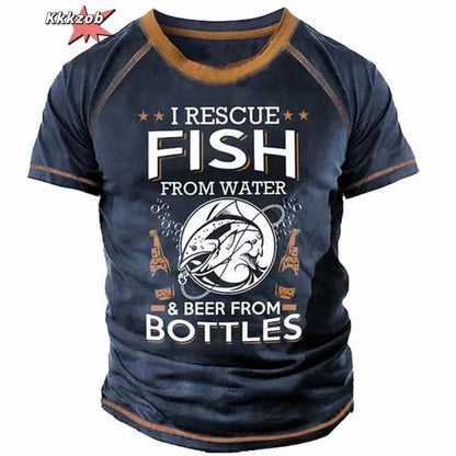 Men’s 3D Fishing Print Oversized T-Shirt – Short Sleeve Outdoor Top