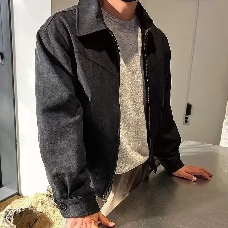 Men’s Vintage Suede Bomber Jacket – Retro Slim Fit Short Flight Coat for Streetwear Fashion