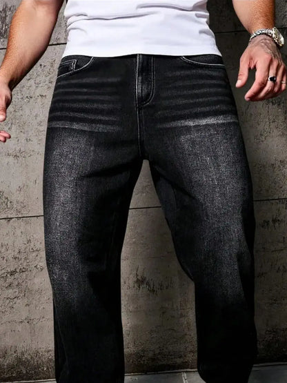 Men’s Black Washed Distressed Jeans – Loose Fit, Wide Leg