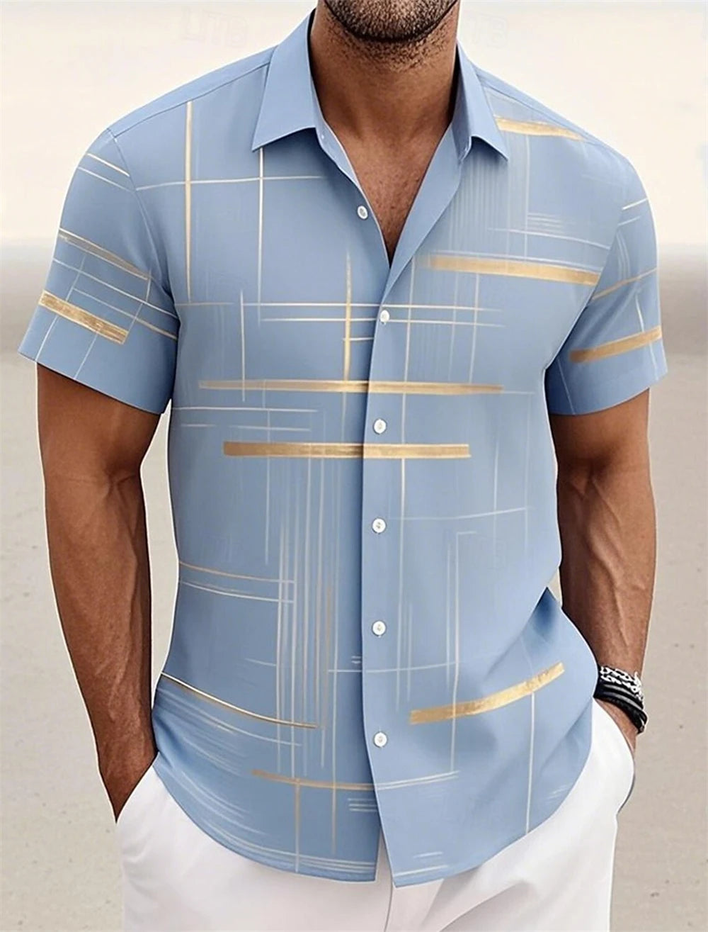 Men’s Geometric Print Short Sleeve Shirt – Casual Button-Down