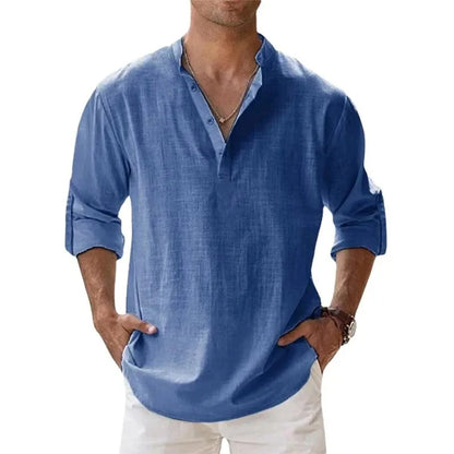 Men’s Cotton Linen Henley Shirt – Lightweight Long Sleeve Beach Style