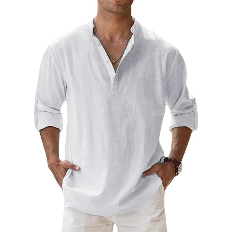 Men’s Cotton Linen Henley Shirt – Lightweight Long Sleeve Beach Style