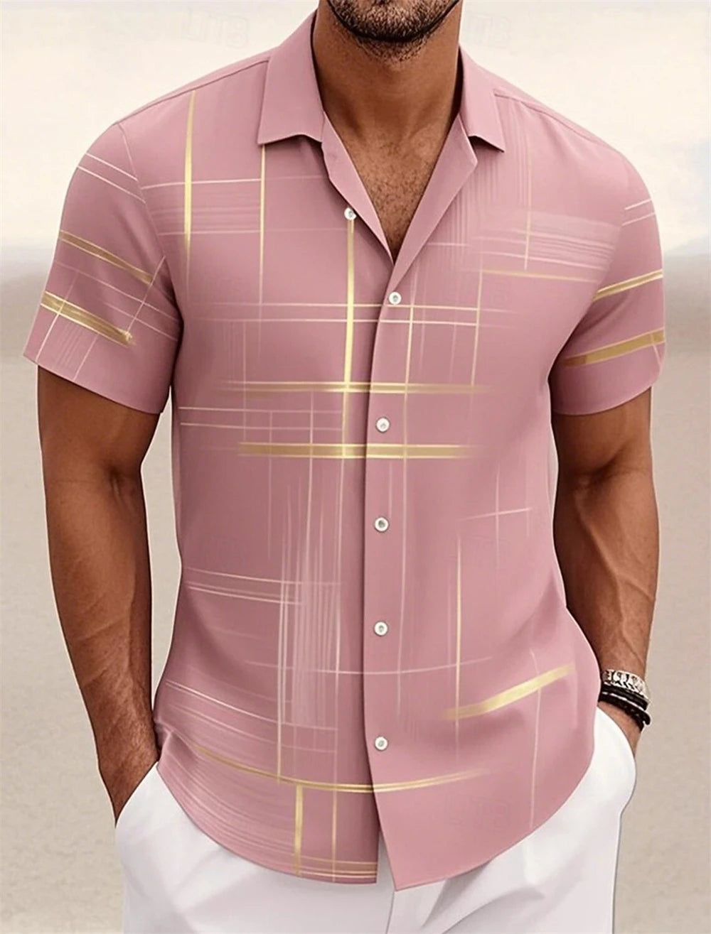 Men’s Geometric Print Short Sleeve Shirt – Casual Button-Down