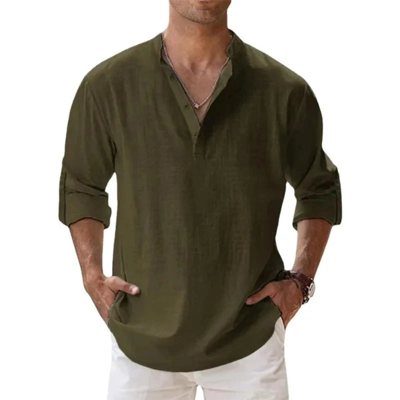 Men’s Cotton Linen Henley Shirt – Lightweight Long Sleeve Beach Style