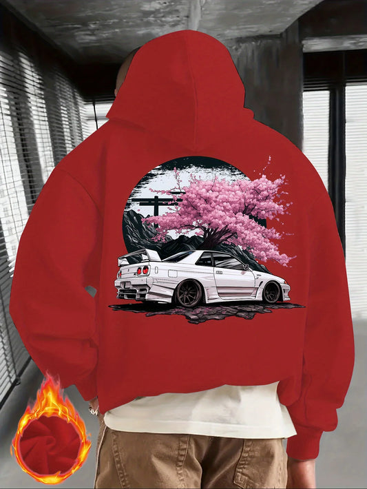 Men’s Black JDM Car Hoodie – Pullover with Cherry Blossom Back Graphic Print