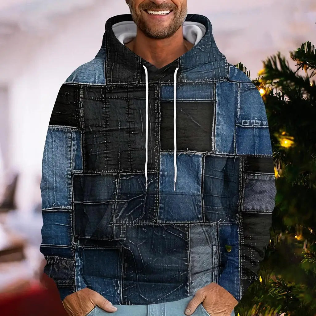 Denim Plaid Print Hoodie – Casual Loose-Fit Streetwear Sweatshirt for Men & Women