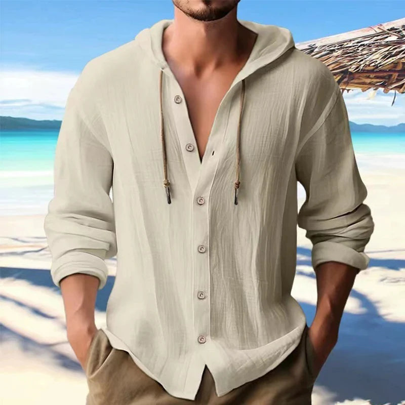 Men’s Linen Hooded Shirt – Long Sleeve, Loose Fit Casual Streetwear