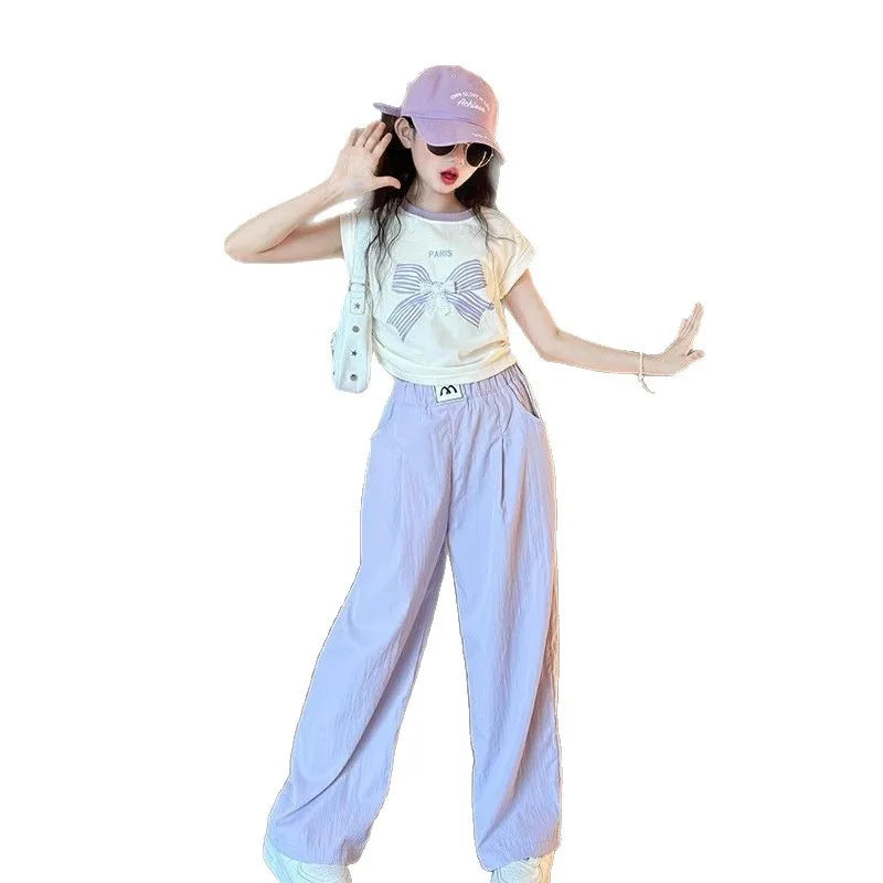 Teen Girls Cartoon 2-Piece Outfit – Color Block T-Shirt & Trousers Summer Sportswear Set for Kids