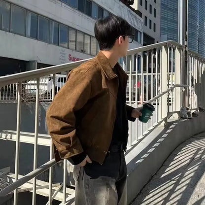Men’s Vintage Suede Bomber Jacket – Retro Slim Fit Short Flight Coat for Streetwear Fashion