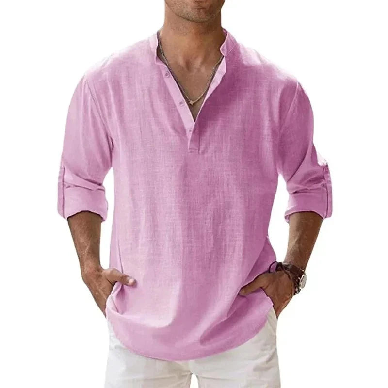 Men’s Cotton Linen Henley Shirt – Lightweight Long Sleeve Beach Style