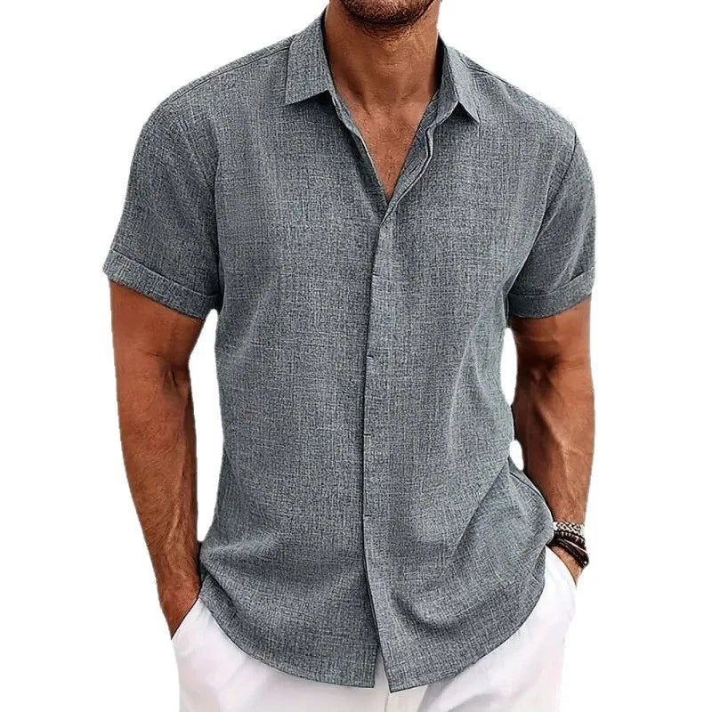 Men’s Casual Button-Down Shirt – Short Sleeve Linen Blend, Loose Fit