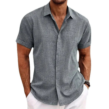 Men’s Casual Button-Down Shirt – Short Sleeve Linen Blend, Loose Fit