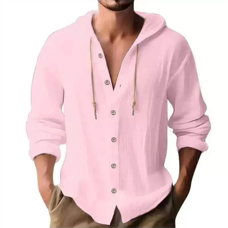 Men’s Linen Hooded Shirt – Long Sleeve, Loose Fit Casual Streetwear