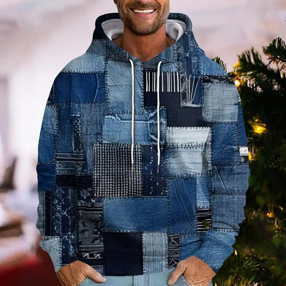 Denim Plaid Print Hoodie – Casual Loose-Fit Streetwear Sweatshirt for Men & Women