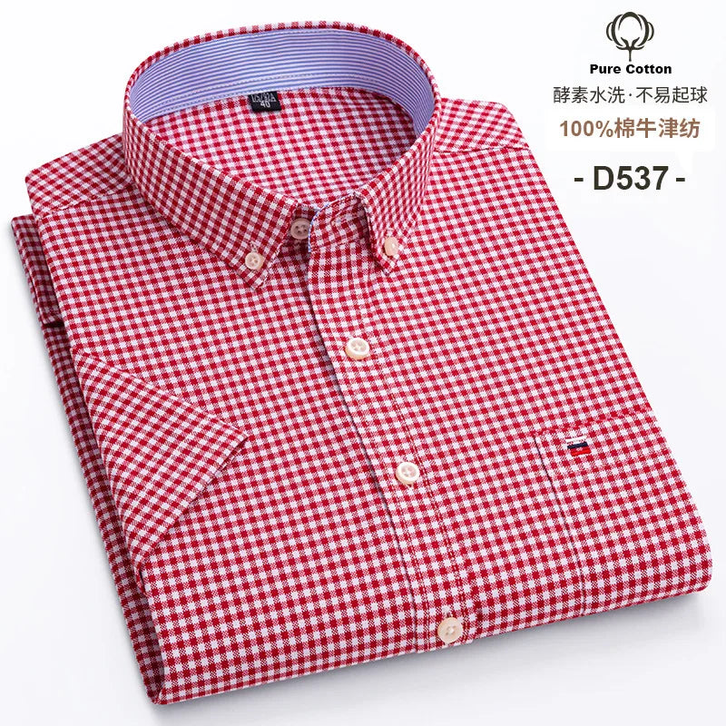 Men’s Plus Size Cotton Oxford Shirt – Short Sleeve, Plaid Stripes, Slim Fit Business Casual Style