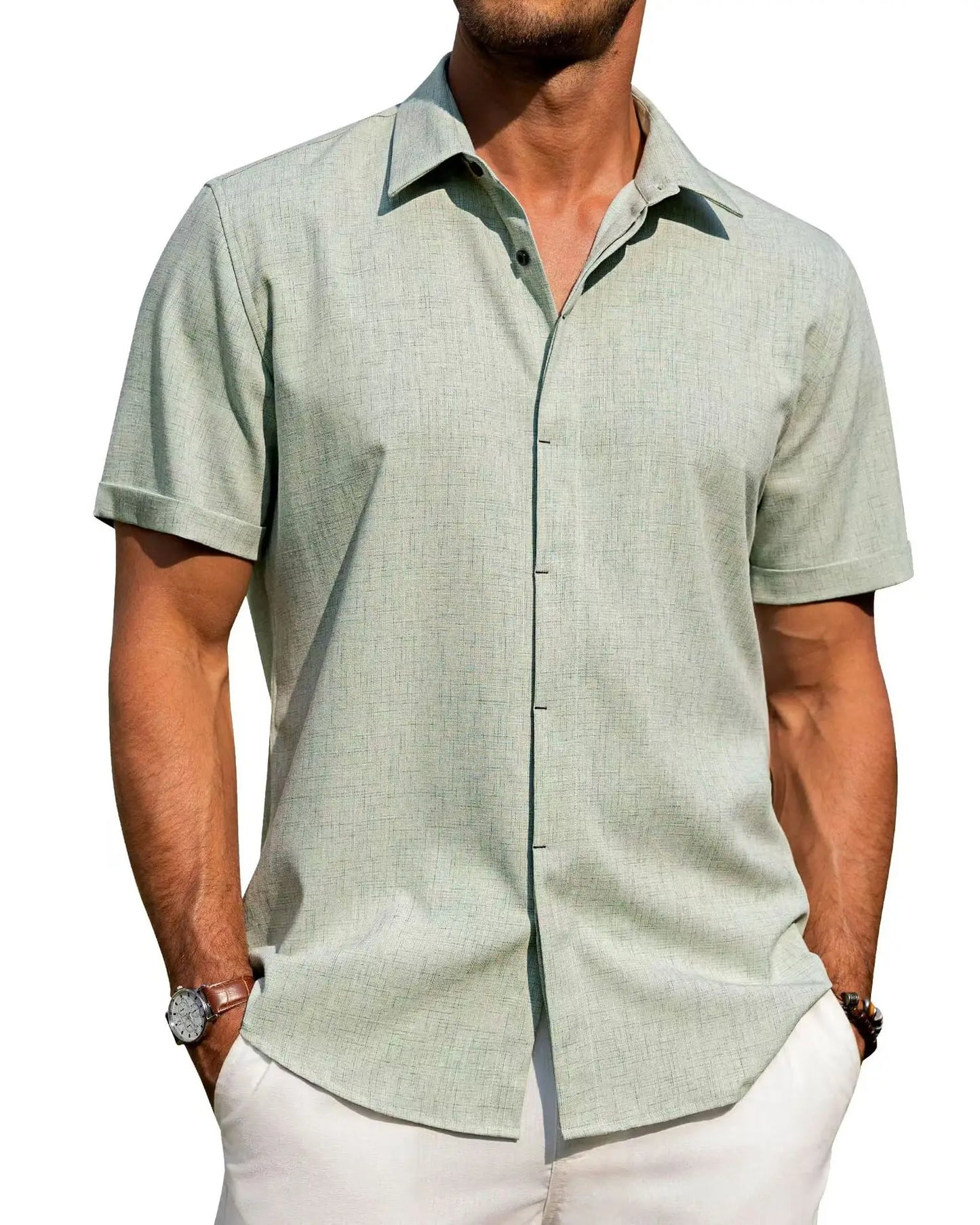 Men’s Casual Button-Down Shirt – Short Sleeve Linen Blend, Loose Fit