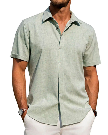 Men’s Casual Button-Down Shirt – Short Sleeve Linen Blend, Loose Fit