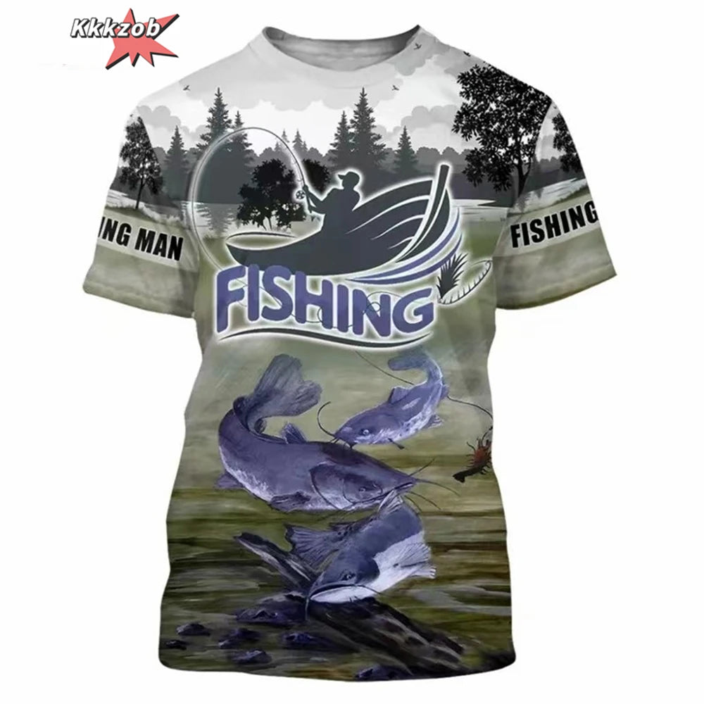 Men’s 3D Fishing Print Oversized T-Shirt – Short Sleeve Outdoor Top