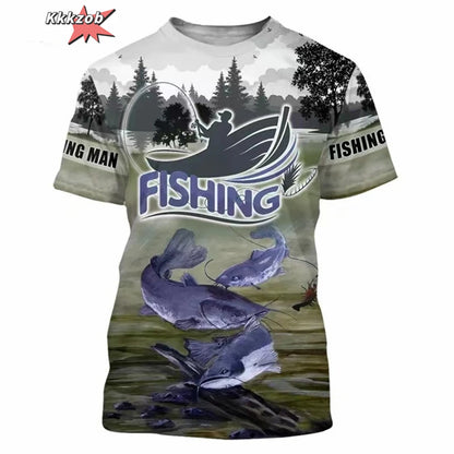 Men’s 3D Fishing Print Oversized T-Shirt – Short Sleeve Outdoor Top