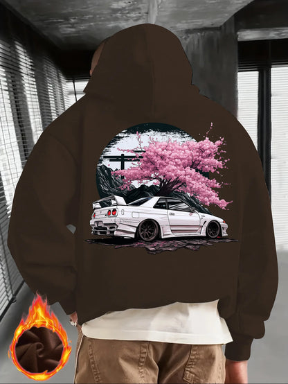 Men’s Black JDM Car Hoodie – Pullover with Cherry Blossom Back Graphic Print