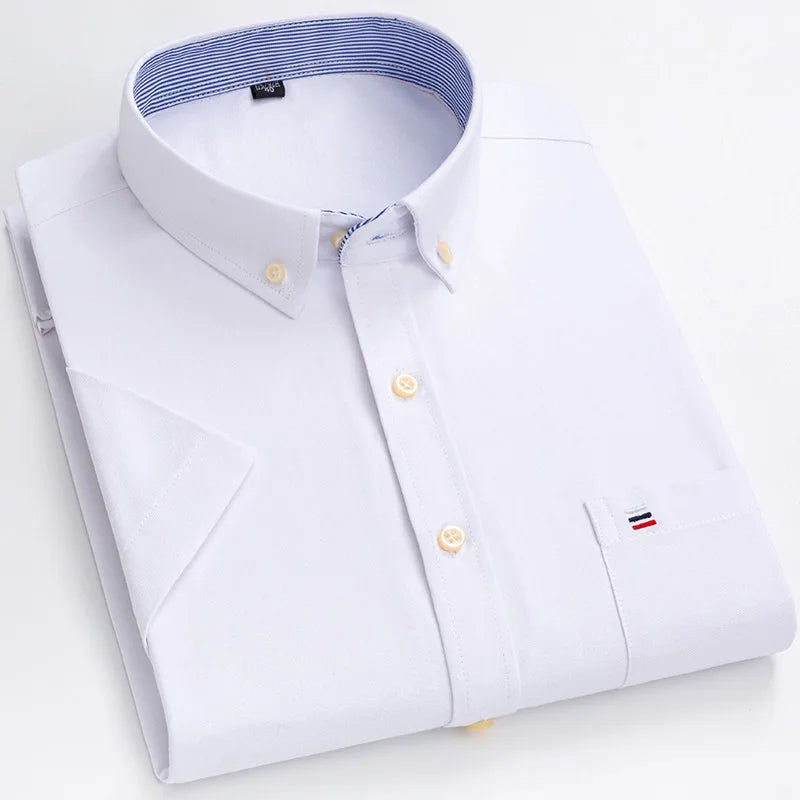 Men’s Plus Size Cotton Oxford Shirt – Short Sleeve, Plaid Stripes, Slim Fit Business Casual Style