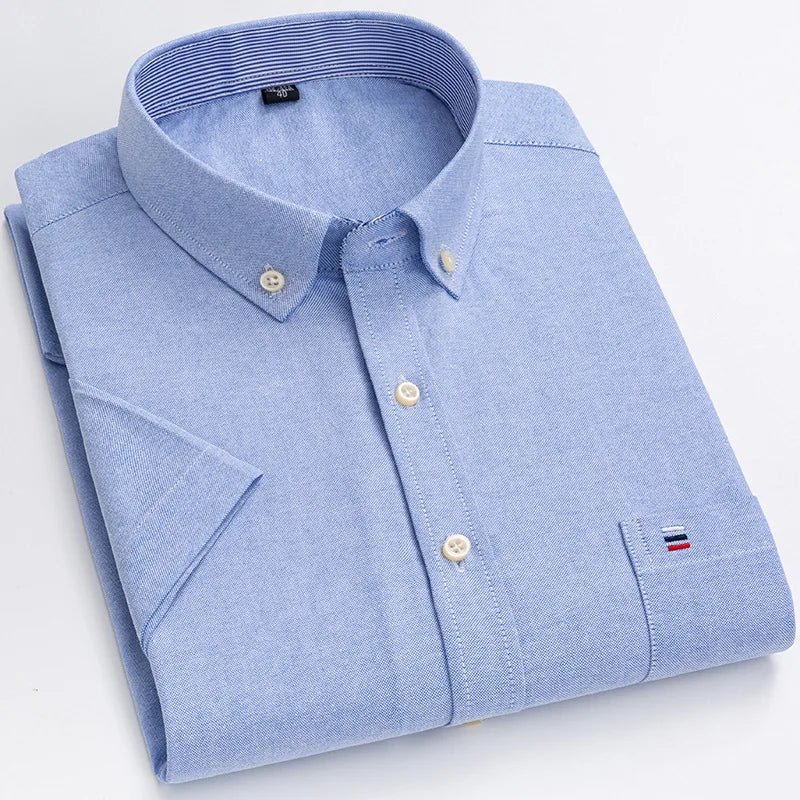 Men’s Plus Size Cotton Oxford Shirt – Short Sleeve, Plaid Stripes, Slim Fit Business Casual Style